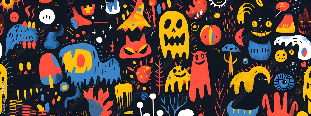 A colorful and abstract image of various monsters and creatures A colorful and abstract image of various monsters and creatures