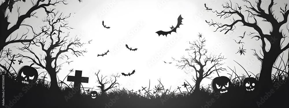 A black and white Halloween scene with bats flying over a graveyard A black and white Halloween scene with bats flying over a graveyard
