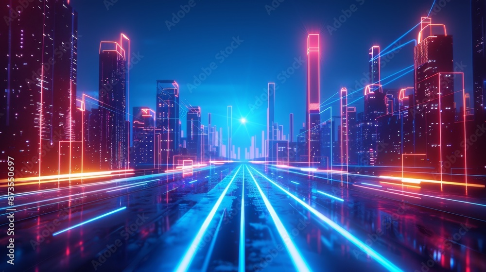 Futuristic cityscape with neon lights reflecting on wet asphalt at night Futuristic cityscape with neon lights reflecting on wet asphalt at night