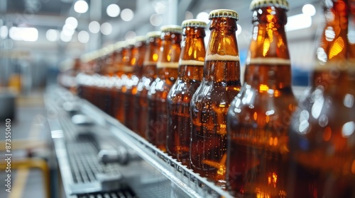 A row of beer bottles are being produced on a conveyor belt. © Dusit
