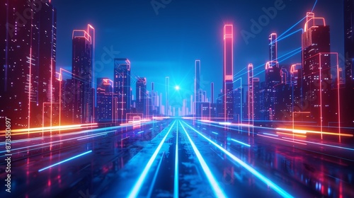 Futuristic cityscape with neon lights reflecting on wet asphalt at night