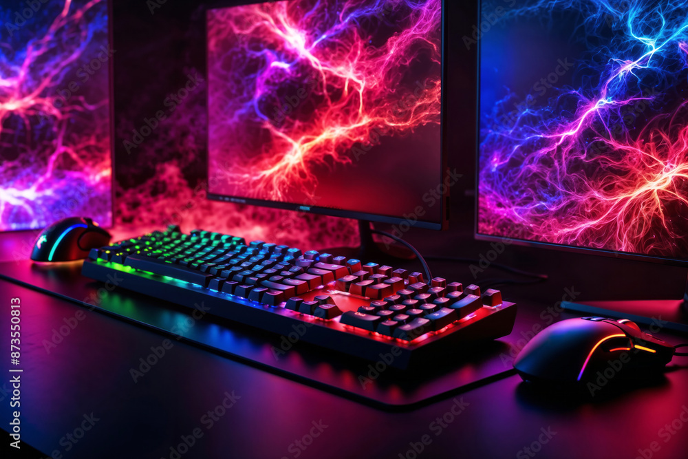 Close up of gamer setup with keyboard, mouse and multiple screens on desk, professional streamer computer setup with RGB lights for competitive gaming and streaming Close up of gamer setup with keyboard, mouse and multiple screens on desk, professional streamer computer setup with RGB lights for competitive gaming and streaming