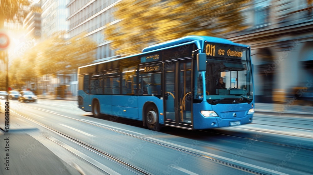 A blue bus is driving down a street at night. A blue bus is driving down a street at night.