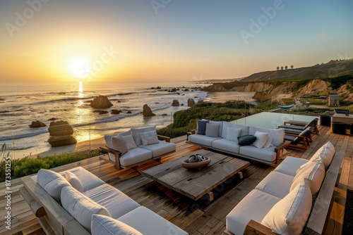 A beautiful view of the Pacific Ocean from a luxury home in Malibu, California. AI. photo