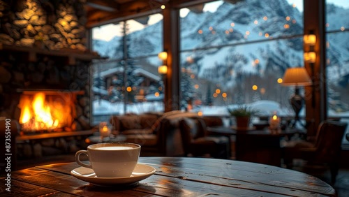 Wallpaper Mural Cup of coffee on table with fireplace and snowy mountain view. Cozy and serene winter concept Torontodigital.ca