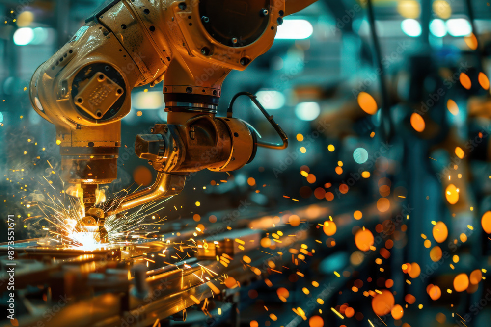 Industrial Robot Welding with Sparks. Industrial Robot Welding with Sparks.