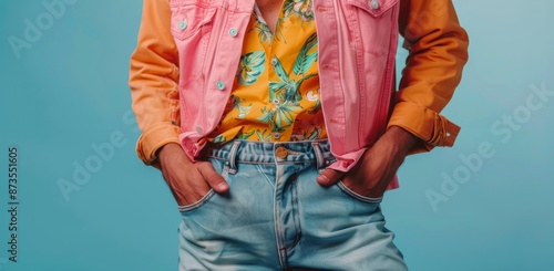 Man Wearing Pink Denim Jacket and Yellow Floral Shirt With Hands in Pockets
