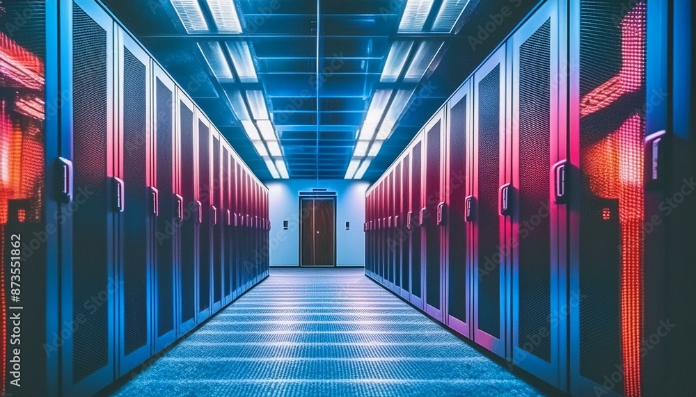 A data center racks in metal casing with red glowing lighting A data center racks in metal casing with red glowing lighting