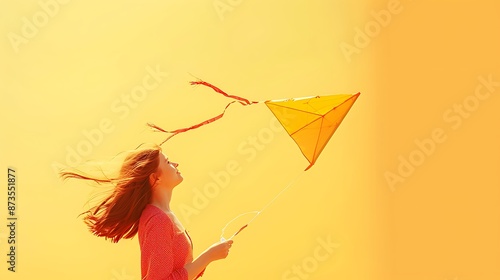 Pretty girl playing with a kite against a sunny yellow background with copy space. photo