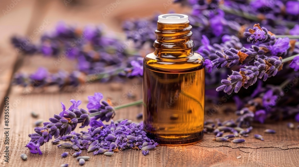 A bottle of lavender oil is on a wooden table next to purple flowers. The bottle is half full and the flowers are scattered around it. Concept of relaxation and calmness A bottle of lavender oil is on a wooden table next to purple flowers. The bottle is half full and the flowers are scattered around it. Concept of relaxation and calmness