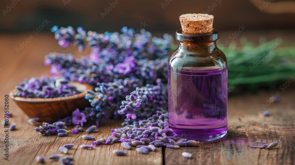A bottle of lavender essential oil sits on a wooden table next to a bunch of purple flowers A bottle of lavender essential oil sits on a wooden table next to a bunch of purple flowers