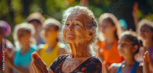 Elderly Woman Leading Group of People in Outdoor Yoga Practice