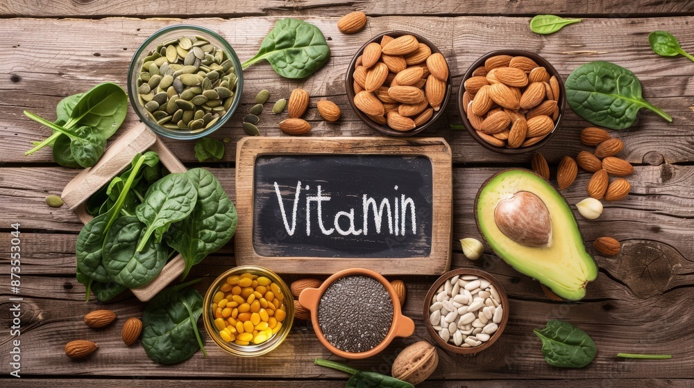 Vitamin E Rich Foods on Rustic Wooden Table Vitamin E Rich Foods on Rustic Wooden Table