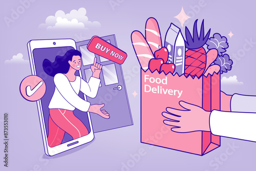 Delivery concept. Man Delivering Online with Grocery order from smart phone. Shopping on social networks through phone flat design style. Vector illustration.