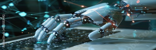 Robotic Hand Typing on Laptop Keyboard in a Futuristic Setting