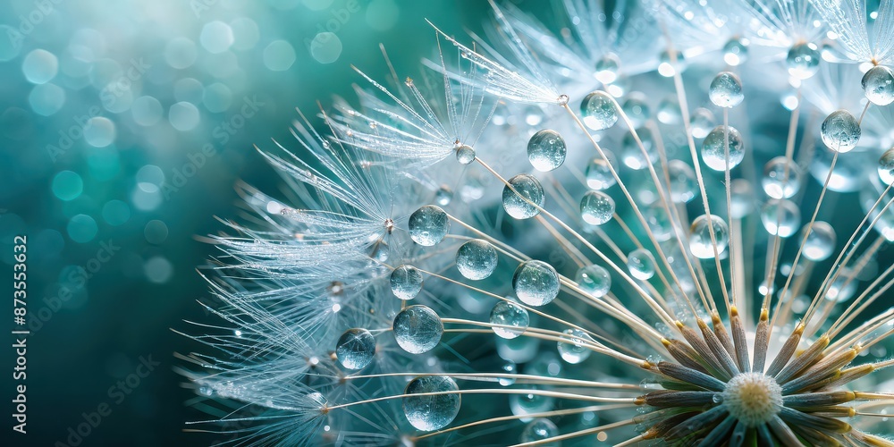 Obraz premium Beautiful macro shot of dew drops on a dandelion seed, nature, close-up, water droplets, morning, freshness, plant, delicate