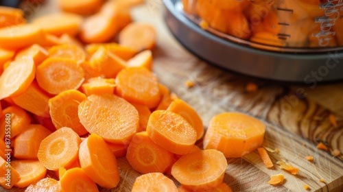 Thin slices of crunchy carrots sit neatly on the chopping board having just been diced by the powerful electric chopper. photo