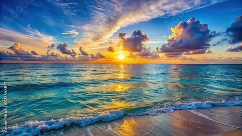 Tranquil sunset over the deep blue Caribbean sea with gentle waves rolling in , Afro, Caribbean, sunset, maritime, waves, serene photo