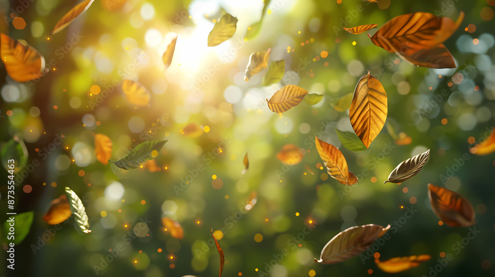 Flying leaves effect with mild sunbeam in 3d illustration vector Flying leaves effect with mild sunbeam in 3d illustration vector