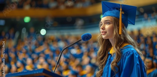 Smiling Graduate Speaking at Graduation Ceremony