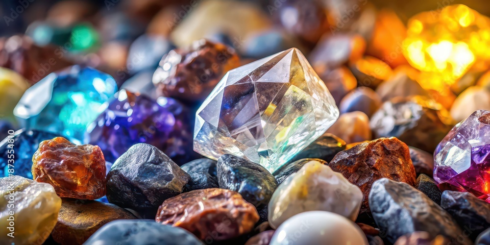 Rough diamond shining among other gemstones in a mine , precious, valuable, raw, natural, uncut, crystals Rough diamond shining among other gemstones in a mine , precious, valuable, raw, natural, uncut, crystals