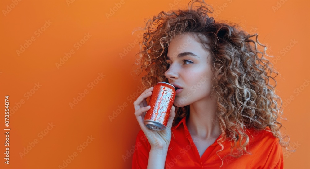 Woman With Curly Hair Drinking From A Can In Front Of Red Background Woman With Curly Hair Drinking From A Can In Front Of Red Background