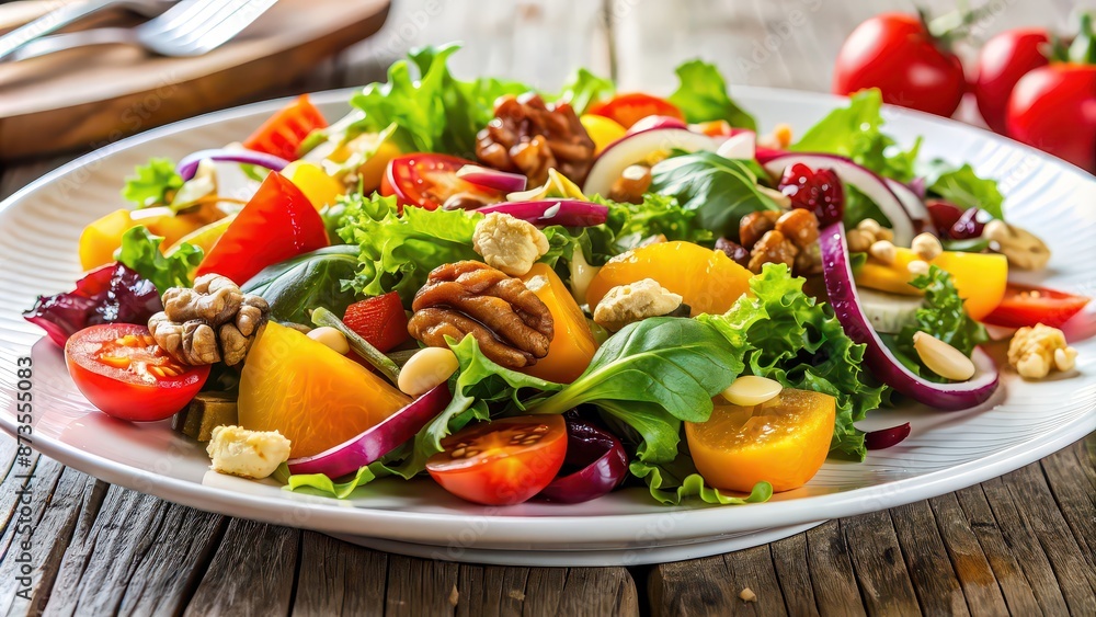 Fresh salad with colorful vegetables, topped with nuts and seeds, on a white plate, healthy, eating, salad, fresh, nutritious, meal Fresh salad with colorful vegetables, topped with nuts and seeds, on a white plate, healthy, eating, salad, fresh, nutritious, meal