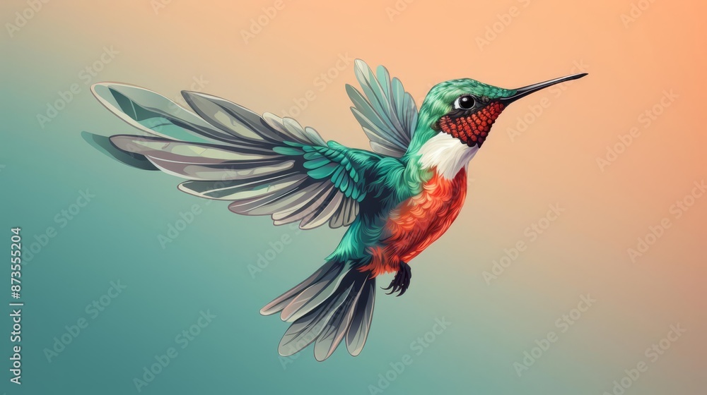 Fototapeta premium Hummingbird hovering in midair flat design top view tropical garden theme cartoon drawing colored pastel