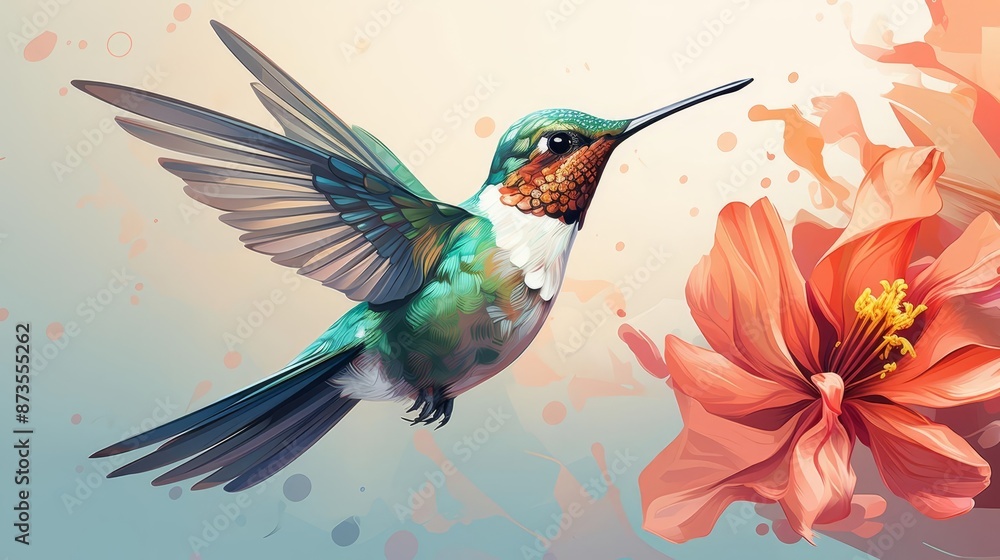 Obraz premium Hummingbird hovering in midair flat design top view tropical garden theme cartoon drawing colored pastel