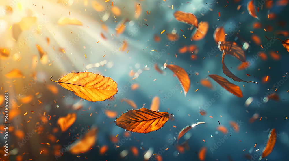 Flying leaves effect with mild sunbeam in 3d illustration vector Flying leaves effect with mild sunbeam in 3d illustration vector