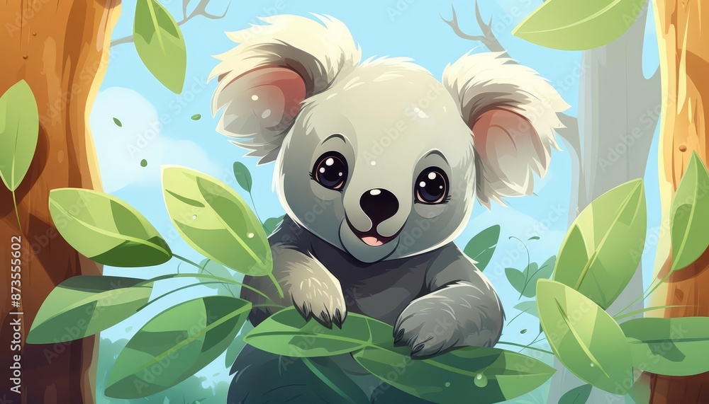 Koala clinging to a eucalyptus tree flat design top view forest theme cartoon drawing vivid Koala clinging to a eucalyptus tree flat design top view forest theme cartoon drawing vivid