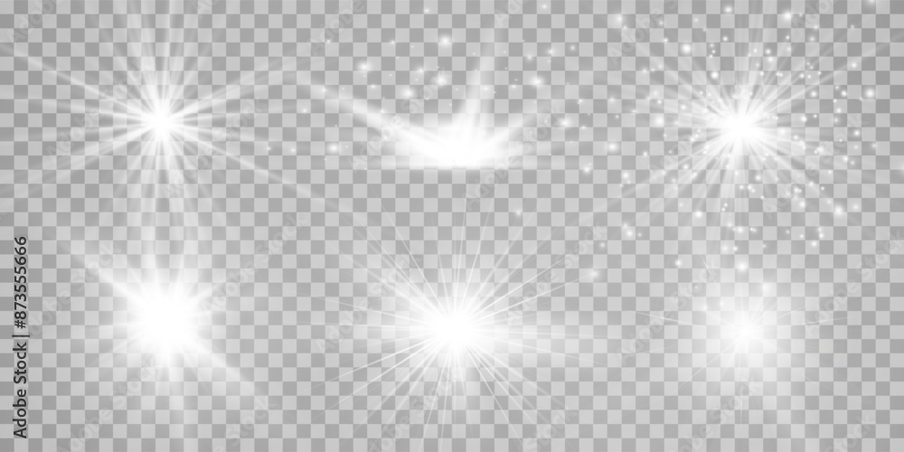 White glowing light explodes on a transparent background. Sparkling magical dust particles. Bright Star. Transparent shining sun, bright flash. Vector sparkles. To center a bright flash. White glowing light explodes on a transparent background. Sparkling magical dust particles. Bright Star. Transparent shining sun, bright flash. Vector sparkles. To center a bright flash.