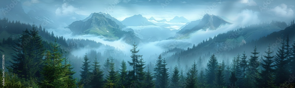 Obraz premium Mountains covered in fog and clouds with pine trees in foreground, Nature background