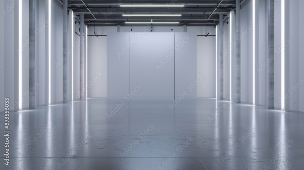 Obraz premium A spacious, modern warehouse illuminated by ambient LED lighting. A pristine, futuristic warehouse illuminated by soft ambient lighting.