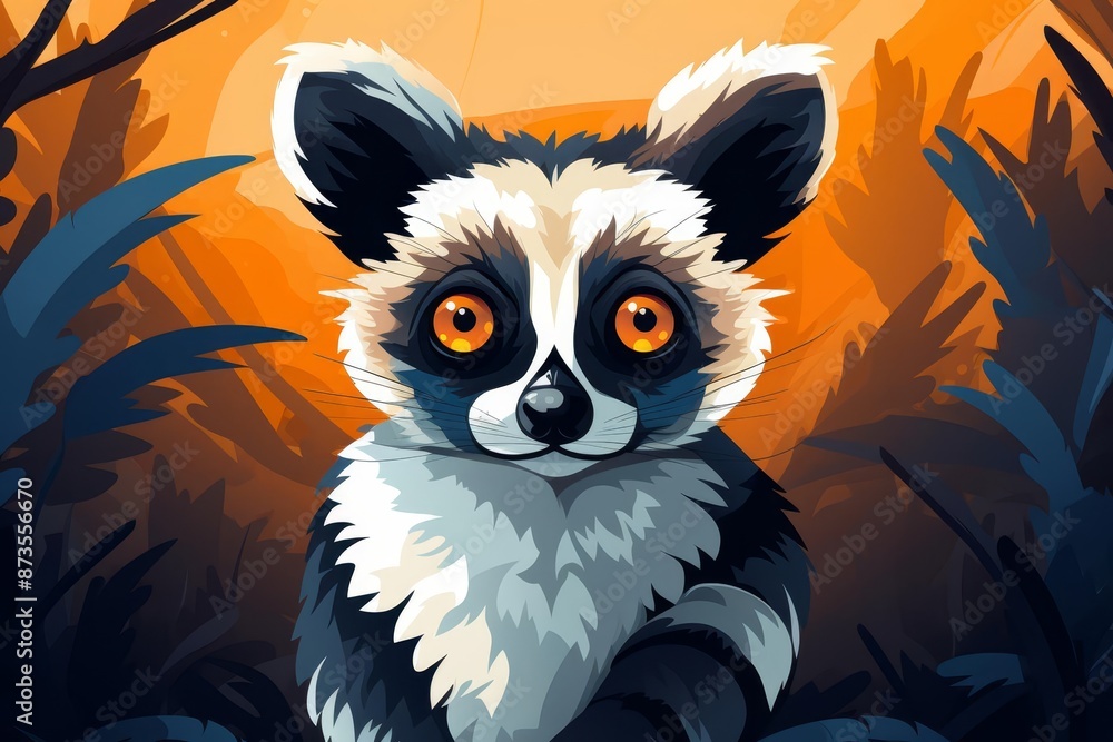 Lemur posed with wide eyes flat design top view jungle theme cartoon drawing colored pastel Lemur posed with wide eyes flat design top view jungle theme cartoon drawing colored pastel