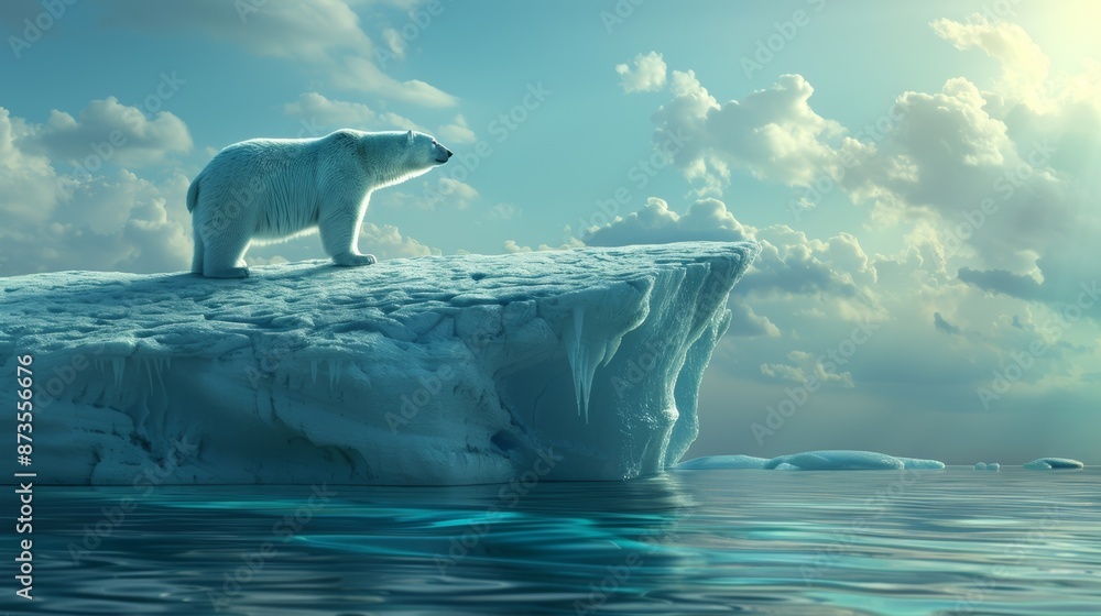 Naklejka premium A powerful image of a polar bear standing on a shrinking iceberg symbolizing the threat of climate change to their habitat..