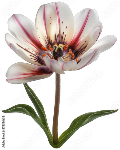 white and red flower with green leaves on a white background