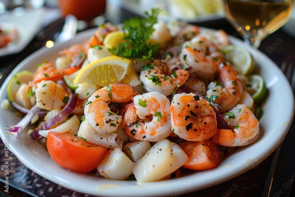 A white plate with shrimp, tomatoes, and lemon slices. The plate is full of food and looks delicious A white plate with shrimp, tomatoes, and lemon slices. The plate is full of food and looks delicious