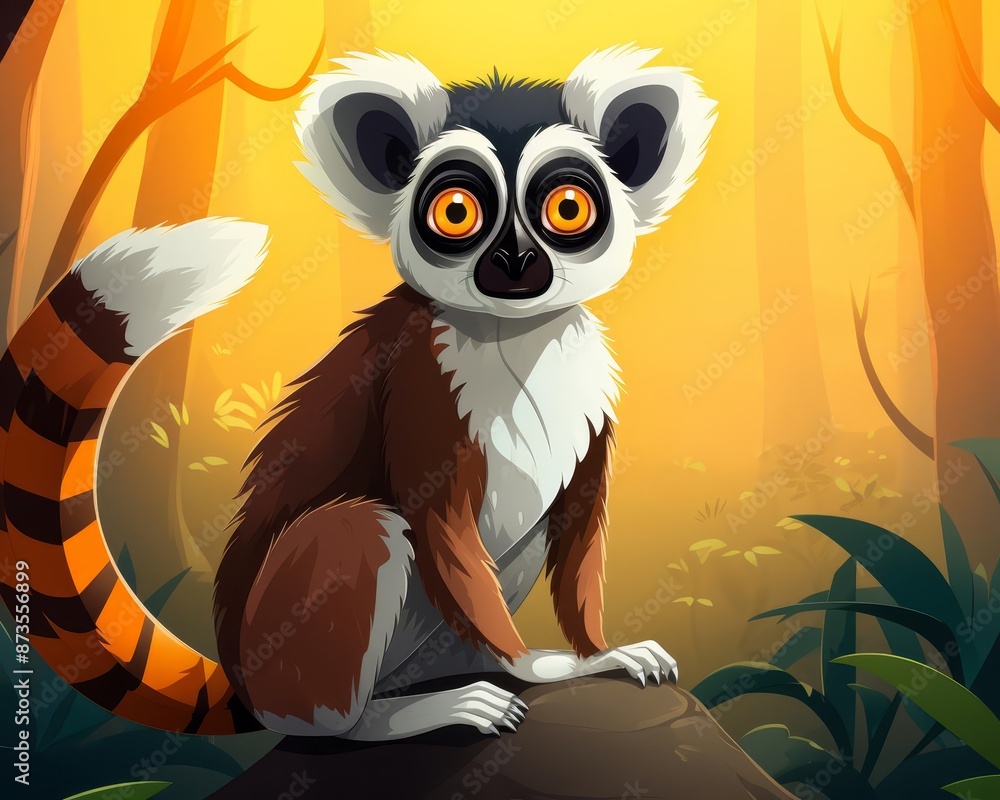 Fototapeta premium Lemur posed with wide eyes flat design front view rainforest theme animation Triadic Color Scheme