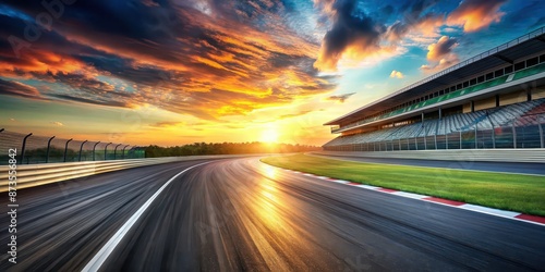 Fototapeta Naklejka Na Ścianę i Meble -  Dynamic racetrack view with speed motion blur, sunset at the empty grand prix circuit with stands, sunset, grand prix