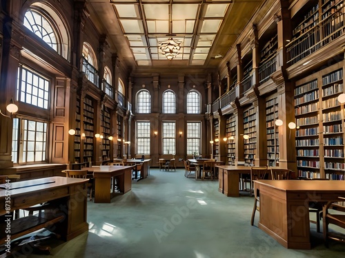 A large and luxurious library with tables and chairs with a large fireplace in the center