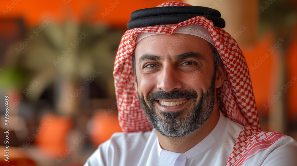 Portrait of a businessman wearing a keffiyeh smiling at work Portrait of a businessman wearing a keffiyeh smiling at work