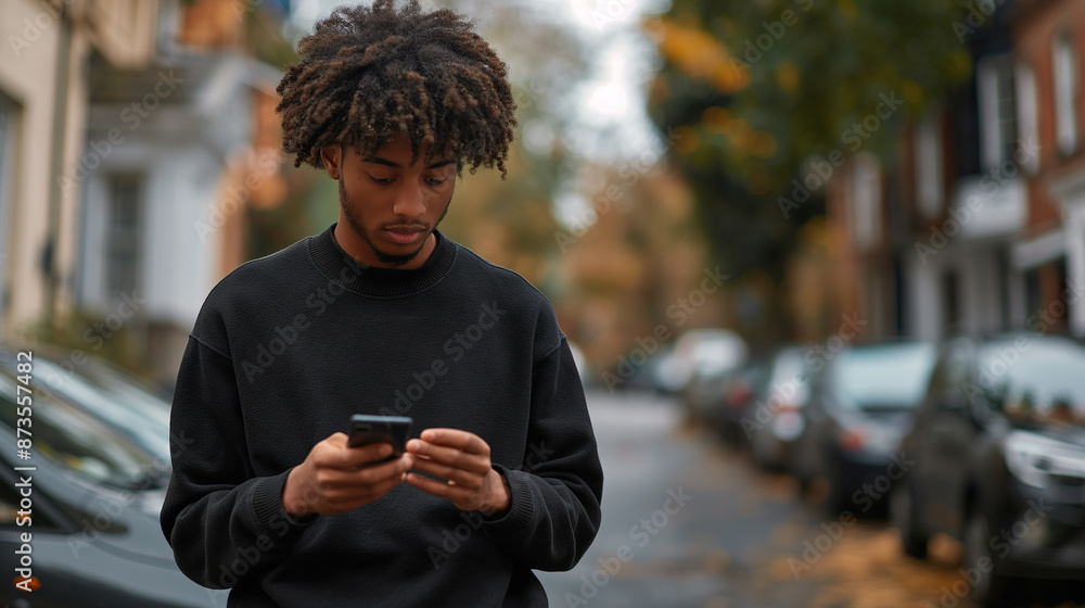 Young black man using smartphone while walking down the street Young black man using smartphone while walking down the street