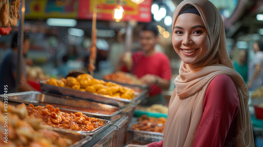Young muslim woman smiling choosing food at asian night market Young muslim woman smiling choosing food at asian night market