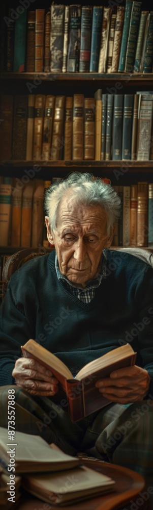 Older man sitting in chair reading a book in front of a book shelf Older man sitting in chair reading a book in front of a book shelf