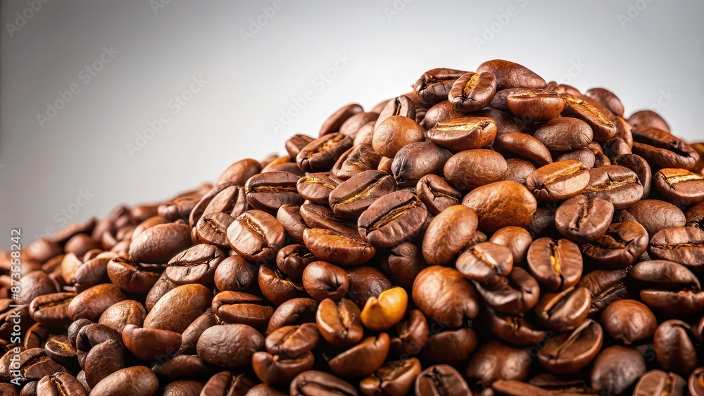 Fototapeta premium Pile of coffee beans isolated on background, coffee, beans, pile, isolated,background, caffeine, aromatic, drink, beverage, roast