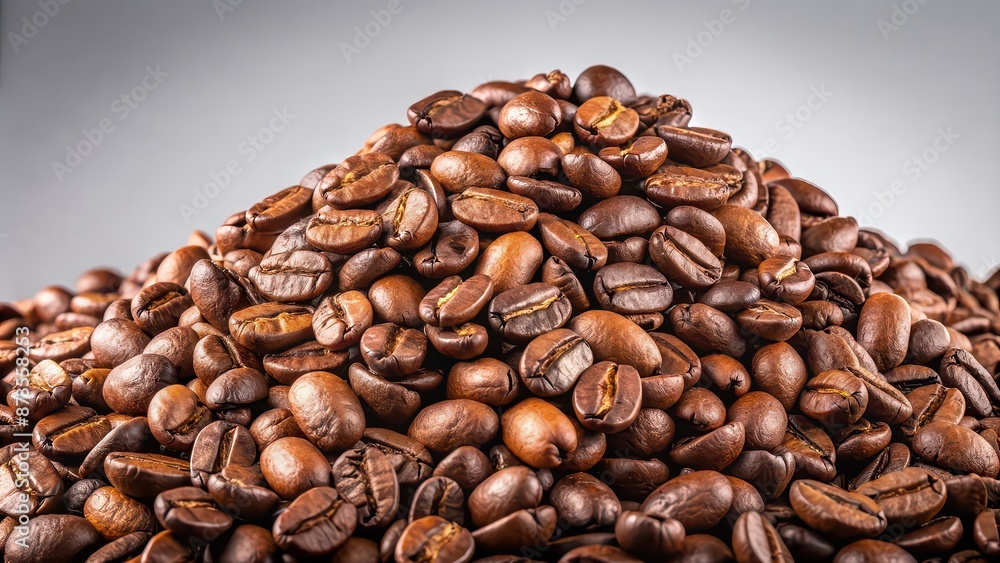 Fototapeta premium A pile of coffee beans isolated on a background, coffee, beans, pile, isolated,background, organic, aroma, caffeine, dark