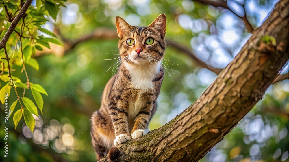 Cat perched on a tall tree branch, looking curious and alert, feline, animal, tree, climbing, outdoor, nature, watchful, fluffy, cute Cat perched on a tall tree branch, looking curious and alert, feline, animal, tree, climbing, outdoor, nature, watchful, fluffy, cute