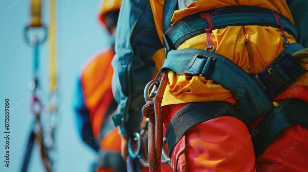 Engineers wearing safety equipment such as harnesses, helmets and protective glasses, highlighting the importance of safety at work. generative ai Engineers wearing safety equipment such as harnesses, helmets and protective glasses, highlighting the importance of safety at work. generative ai