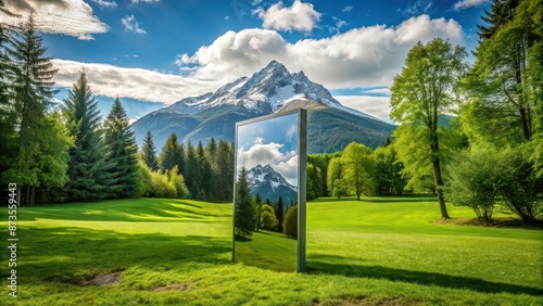 Ethereal snowy mountain reflection in full-length mirror placed in green park, snow, mountain, reflection, ethereal, mirror